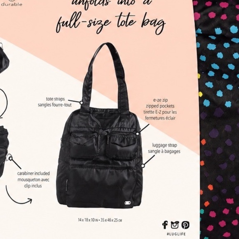 Lug Puddle Jumper Packable Tote Bag Rainbow Dots Black Multi Travel Foldable NEW - Picture 5 of 5